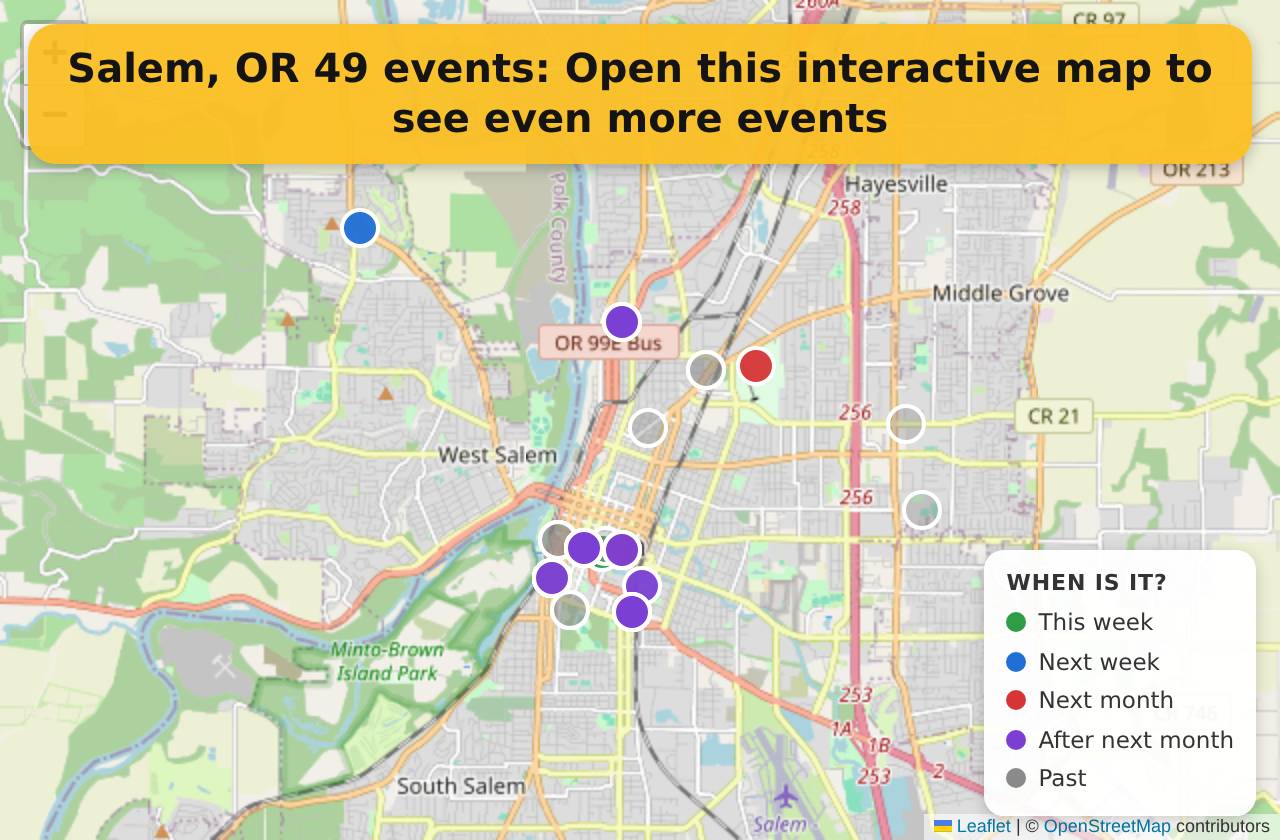 Map of events in Salem, OR on the interactive EVENTULIST map