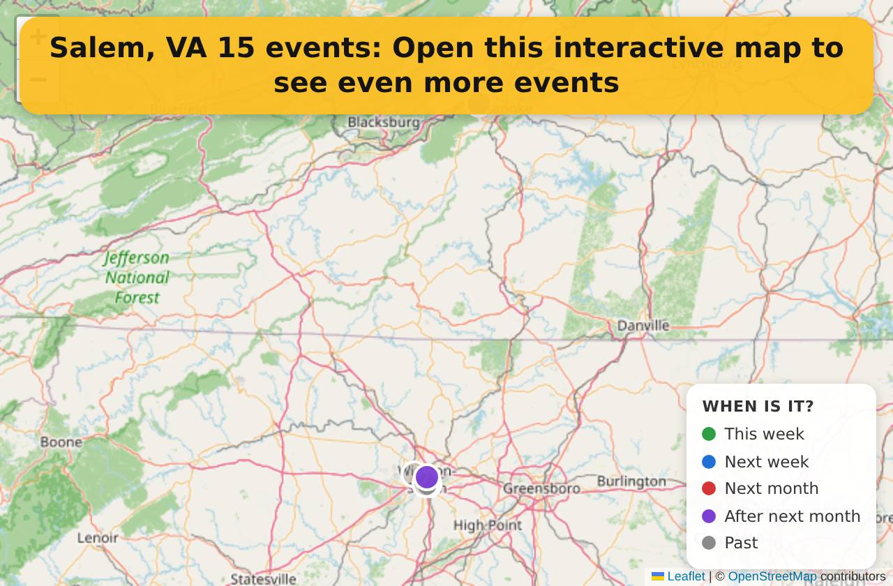 Map of events in Salem, VA on the interactive EVENTULIST map