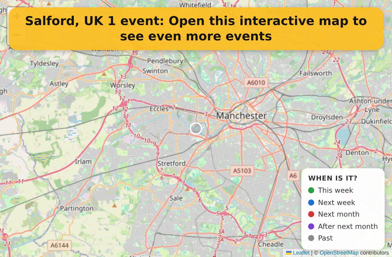 Map of events in Salford, UK on the interactive EVENTULIST map