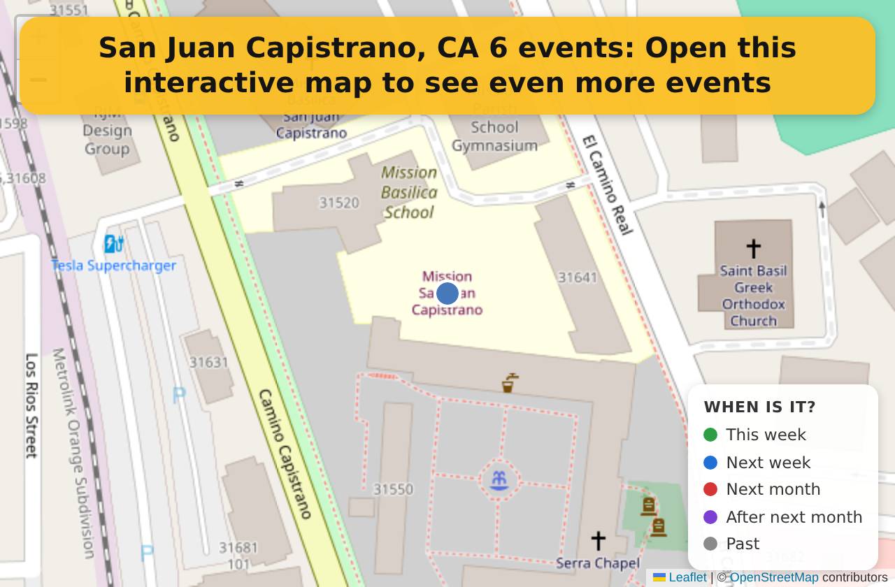 Map of events in San Juan Capistrano, CA on the interactive EVENTULIST map