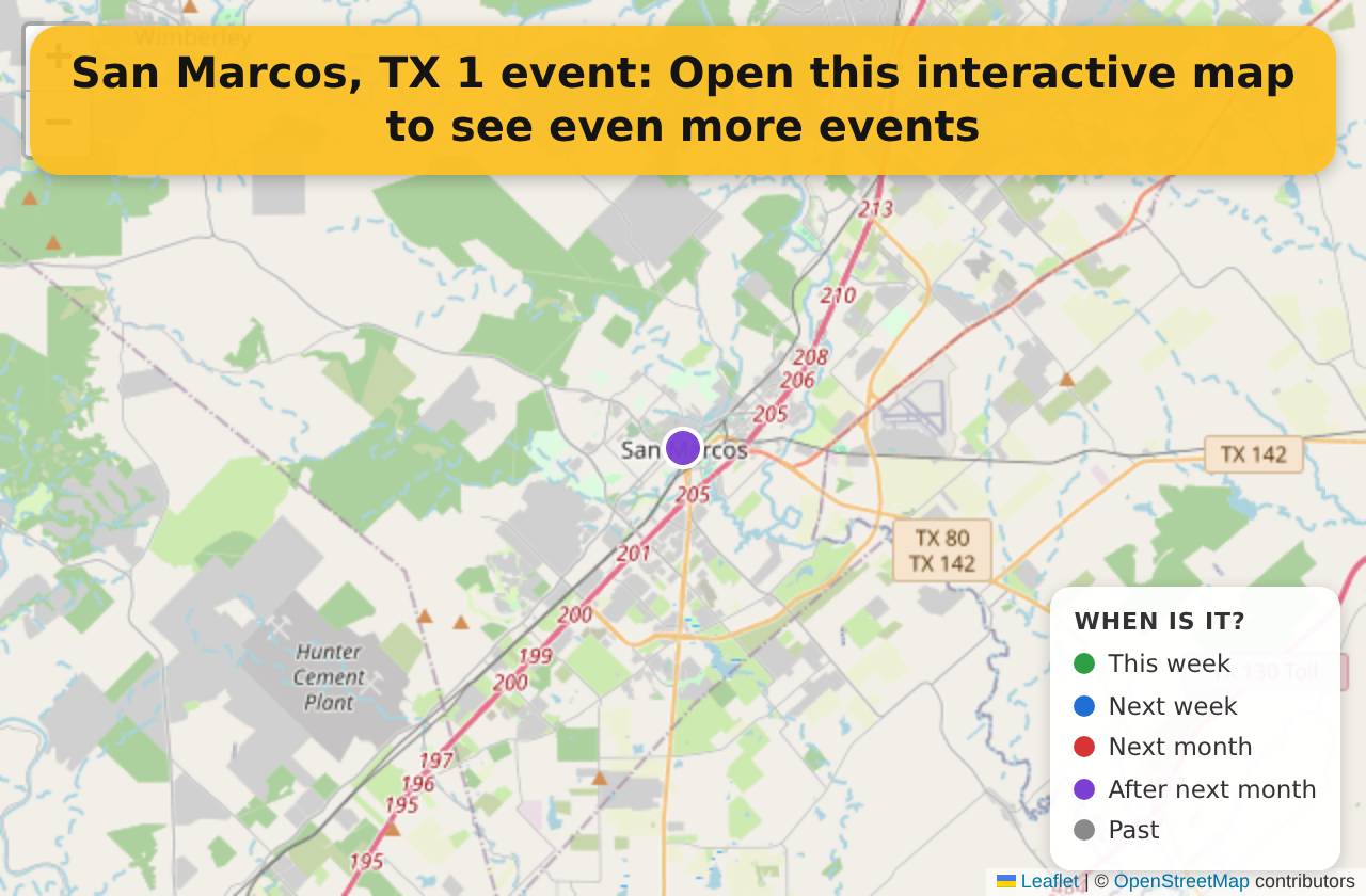 Map of events in San Marcos, TX on the interactive EVENTULIST map