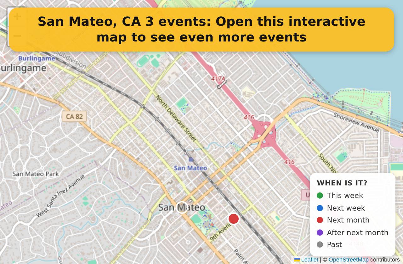 Map of events in San Mateo, CA on the interactive EVENTULIST map