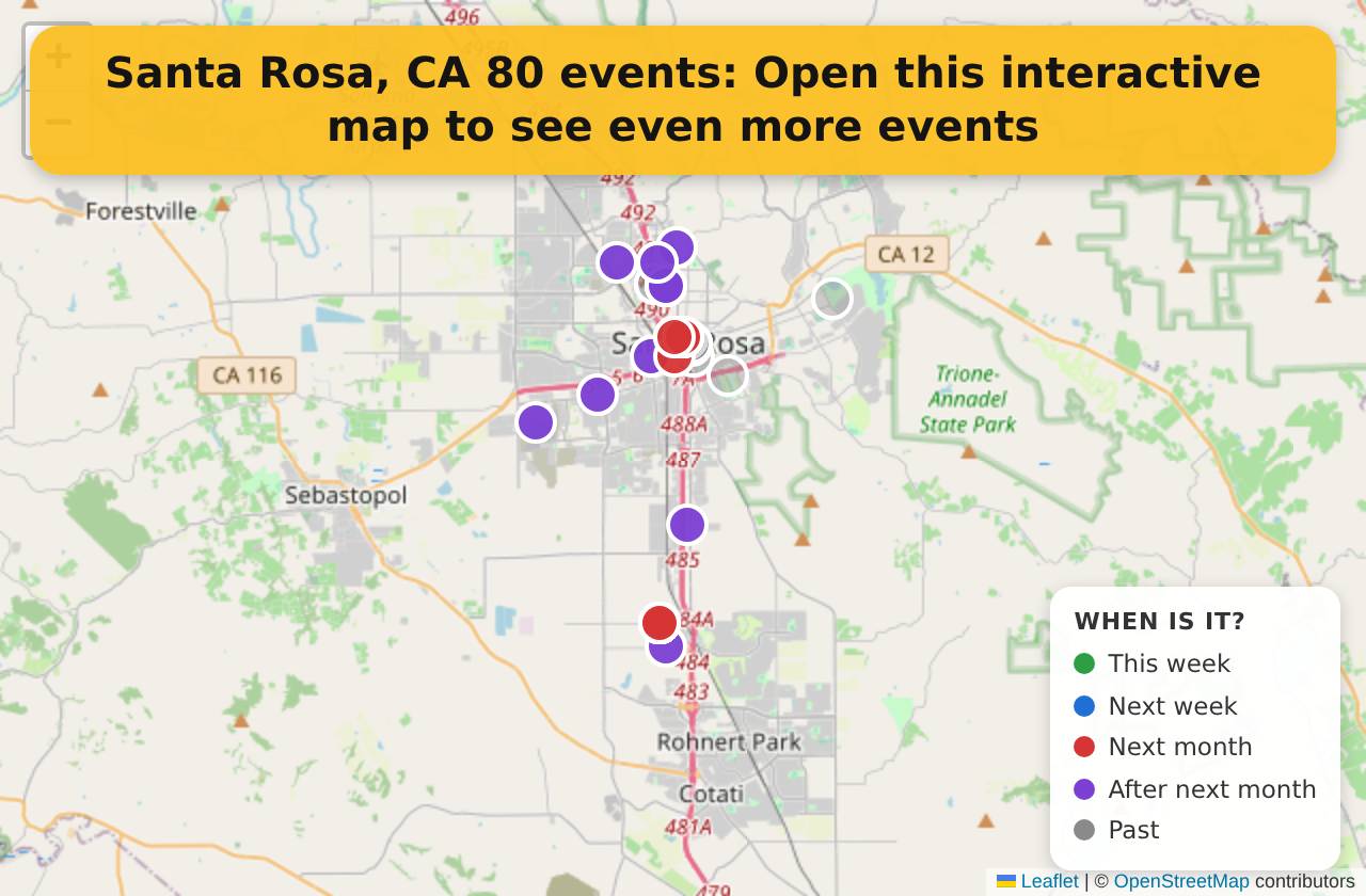Map of events in Santa Rosa, CA on the interactive EVENTULIST map