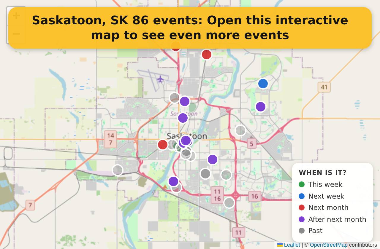 Map of events in Saskatoon, SK on the interactive EVENTULIST map
