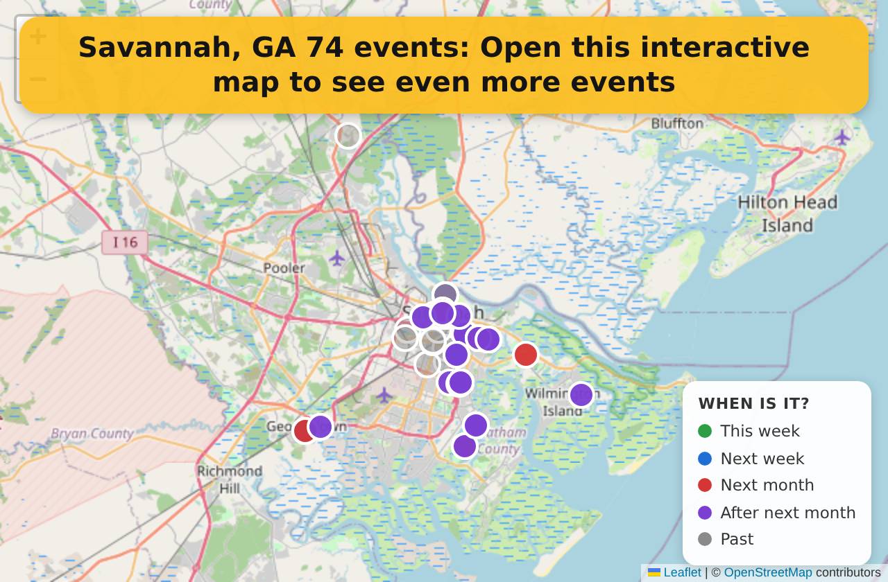 Map of events in Savannah, GA on the interactive EVENTULIST map