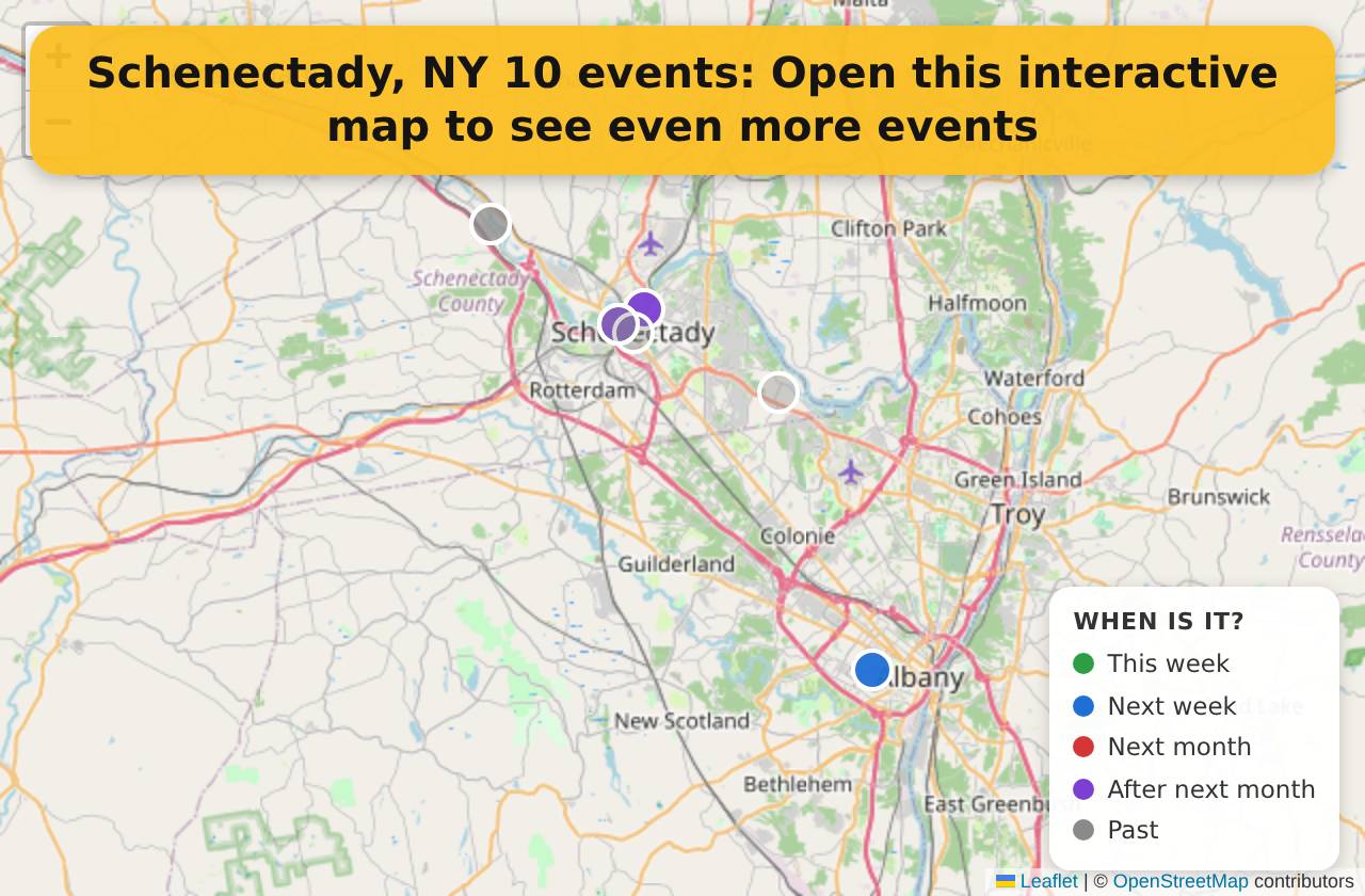 Map of events in Schenectady, NY on the interactive EVENTULIST map