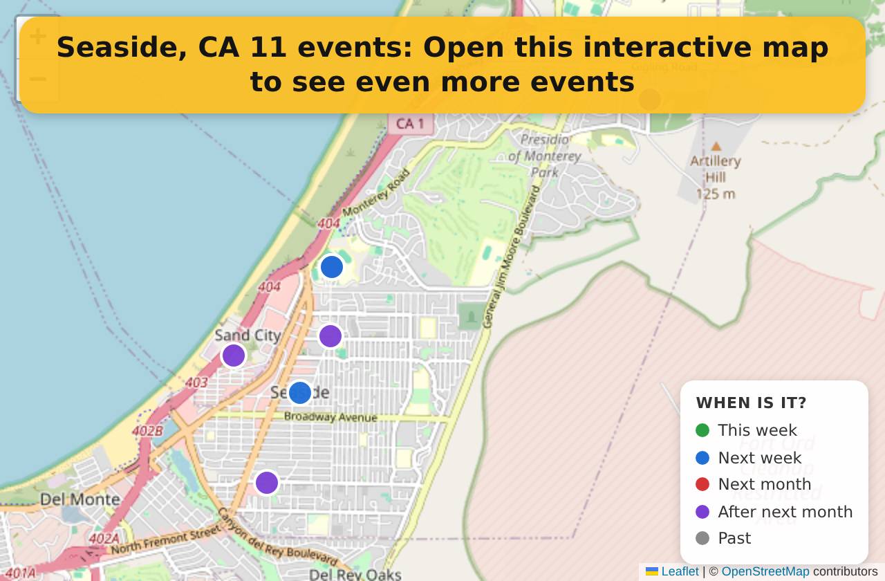 Map of events in Seaside, CA on the interactive EVENTULIST map