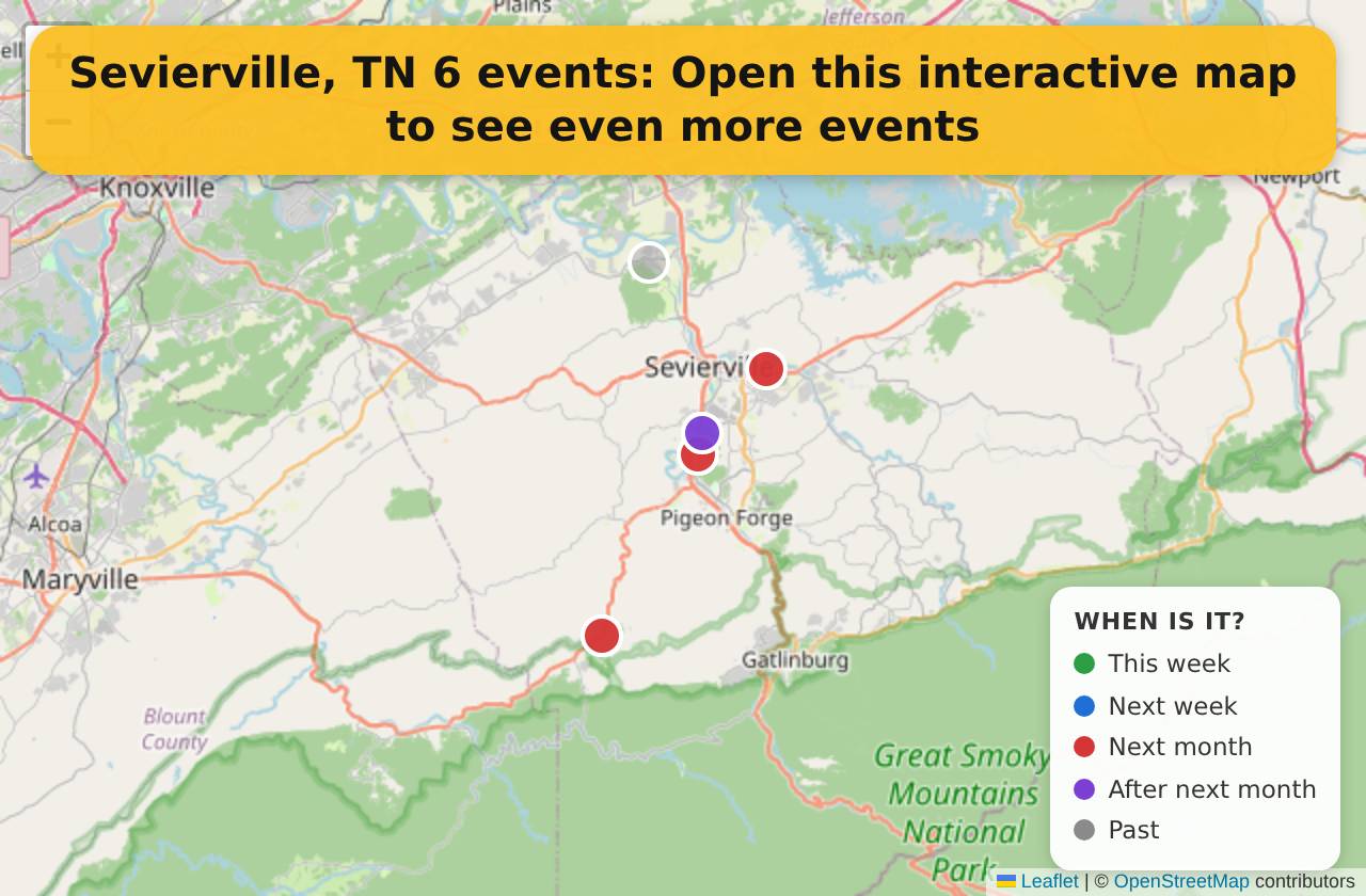 Map of events in Sevierville, TN on the interactive EVENTULIST map