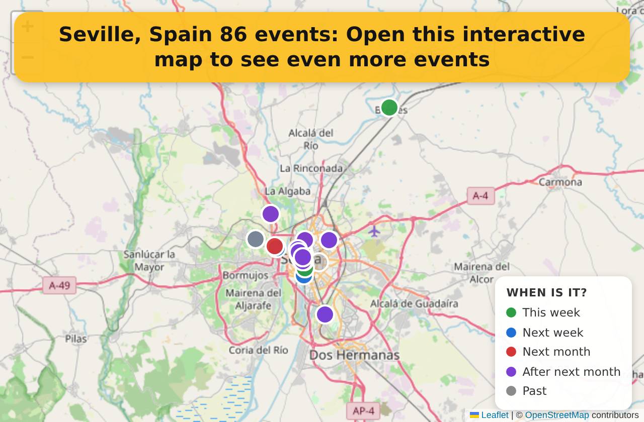 Map of events in Seville, Spain on the interactive EVENTULIST map