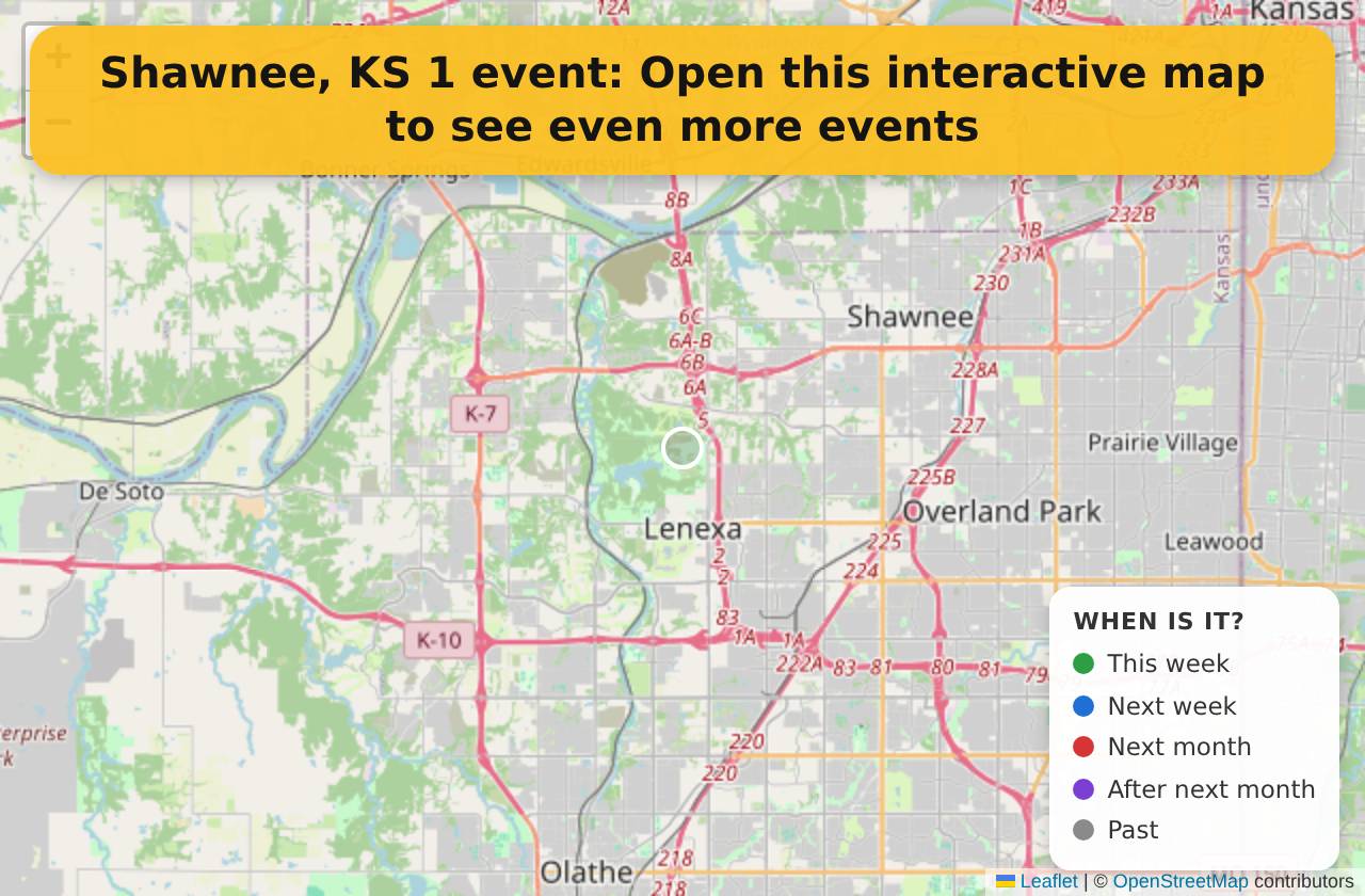Map of events in Shawnee, KS on the interactive EVENTULIST map