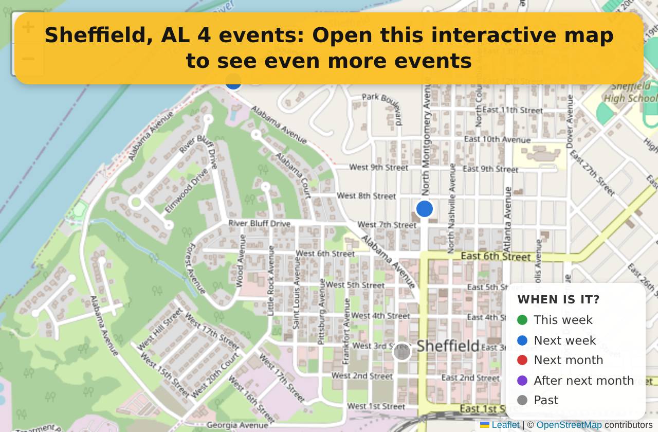 Map of events in Sheffield, AL on the interactive EVENTULIST map