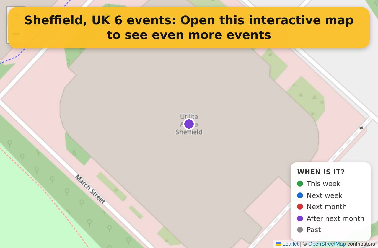 Map of events in Sheffield, UK on the interactive EVENTULIST map