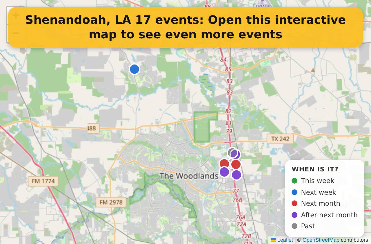 Map of events in Shenandoah, LA on the interactive EVENTULIST map