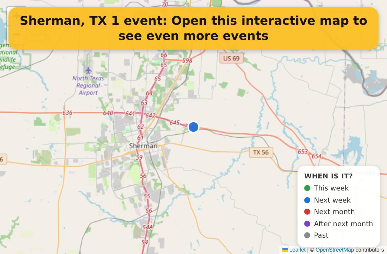 Map of events in Sherman, TX on the interactive EVENTULIST map