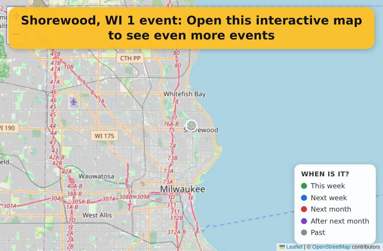 Map of events in Shorewood, WI on the interactive EVENTULIST map