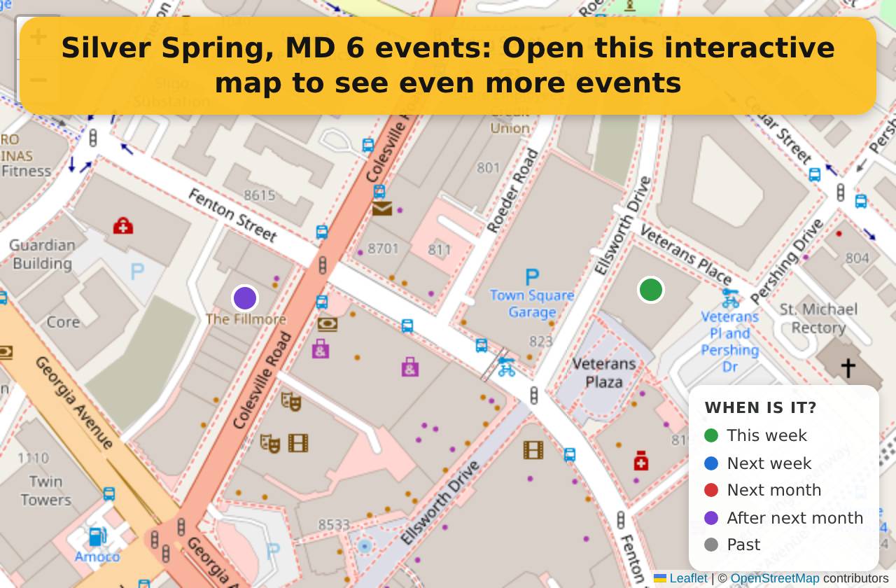 Map of events in Silver Spring, MD on the interactive EVENTULIST map