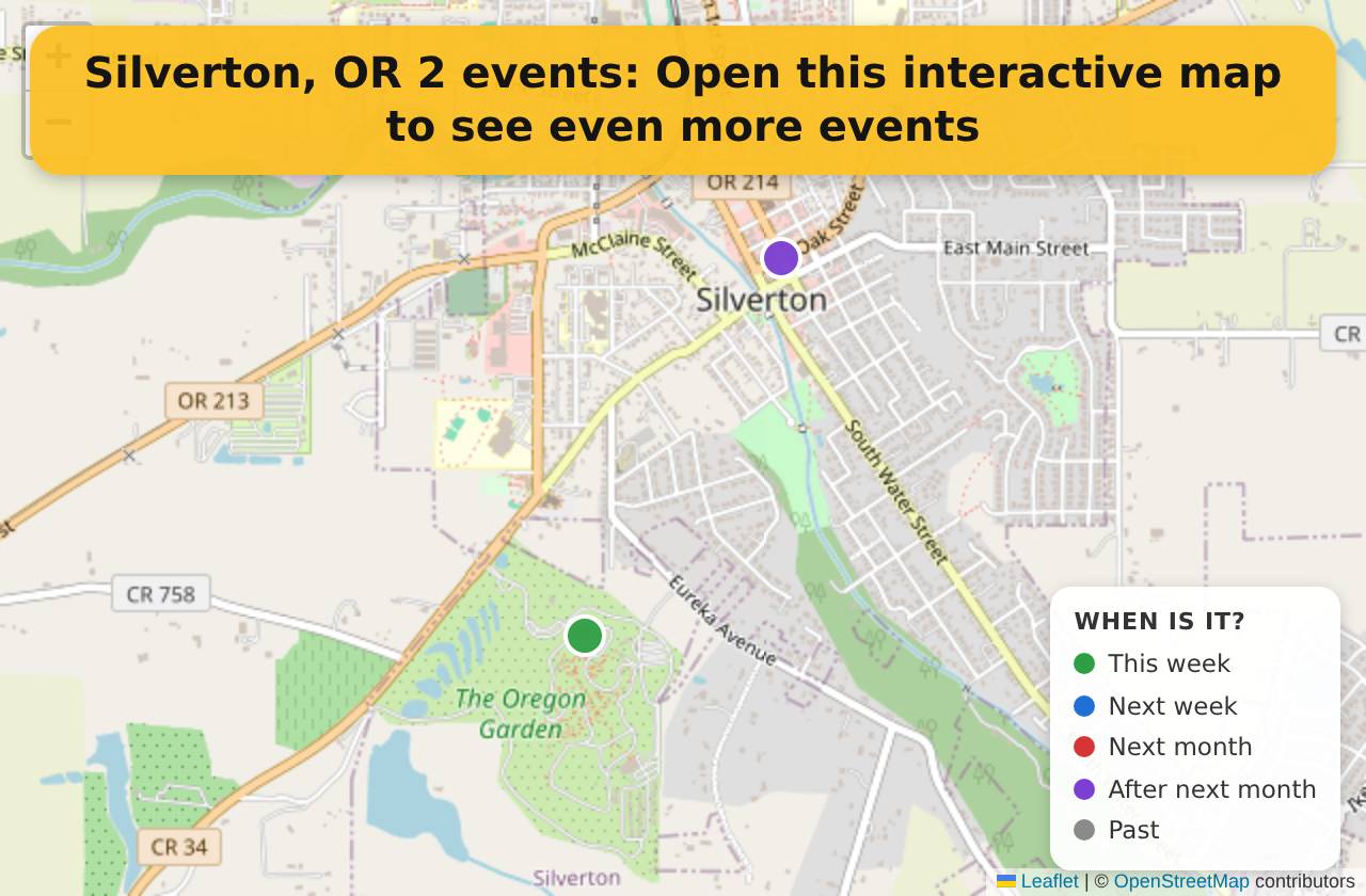 Map of events in Silverton, OR on the interactive EVENTULIST map