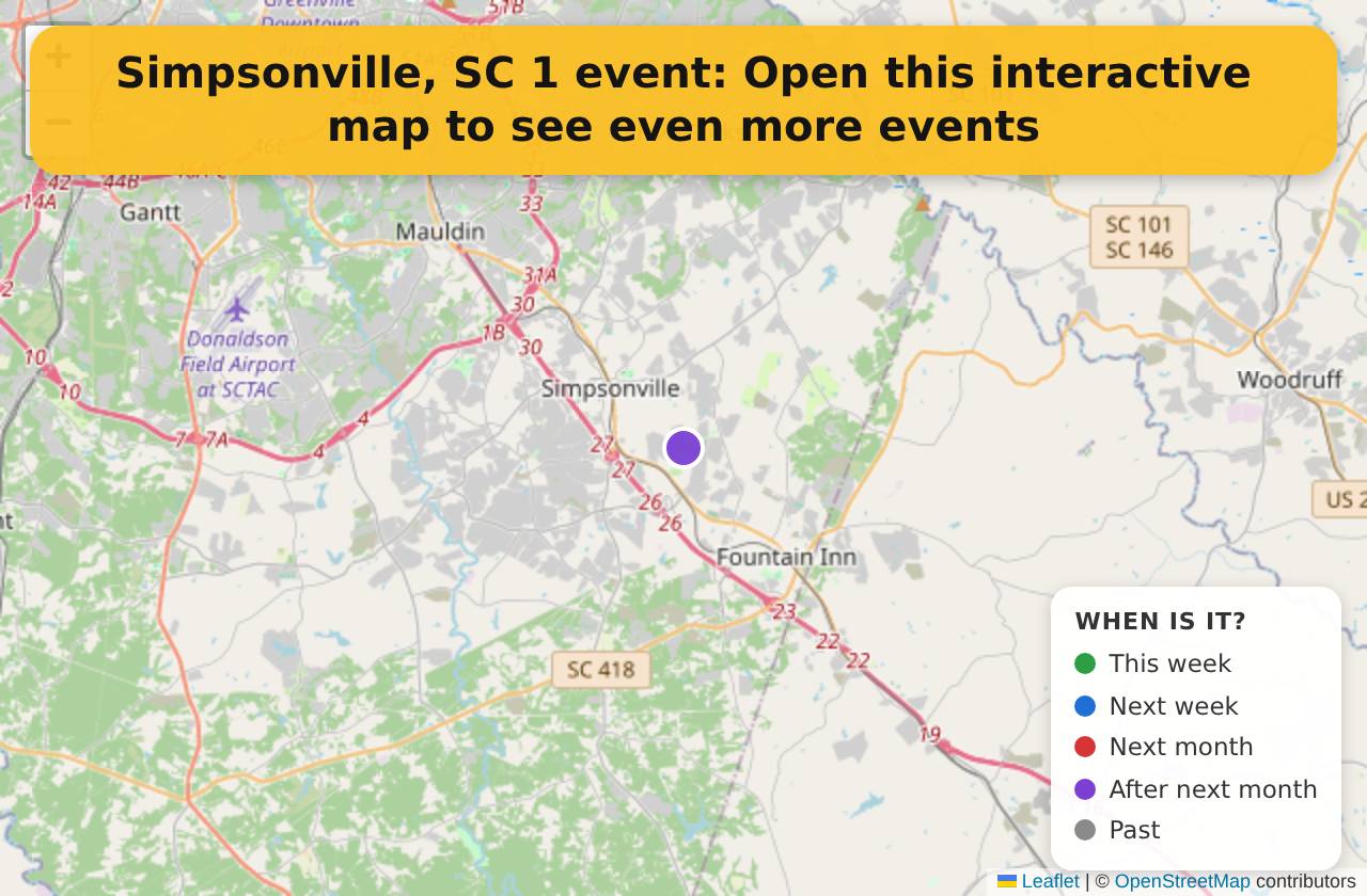 Map of events in Simpsonville, SC on the interactive EVENTULIST map