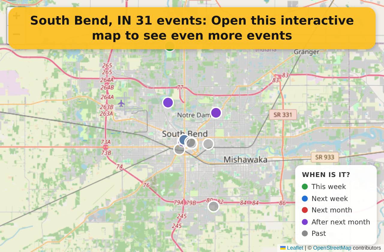 Map of events in South Bend, IN on the interactive EVENTULIST map