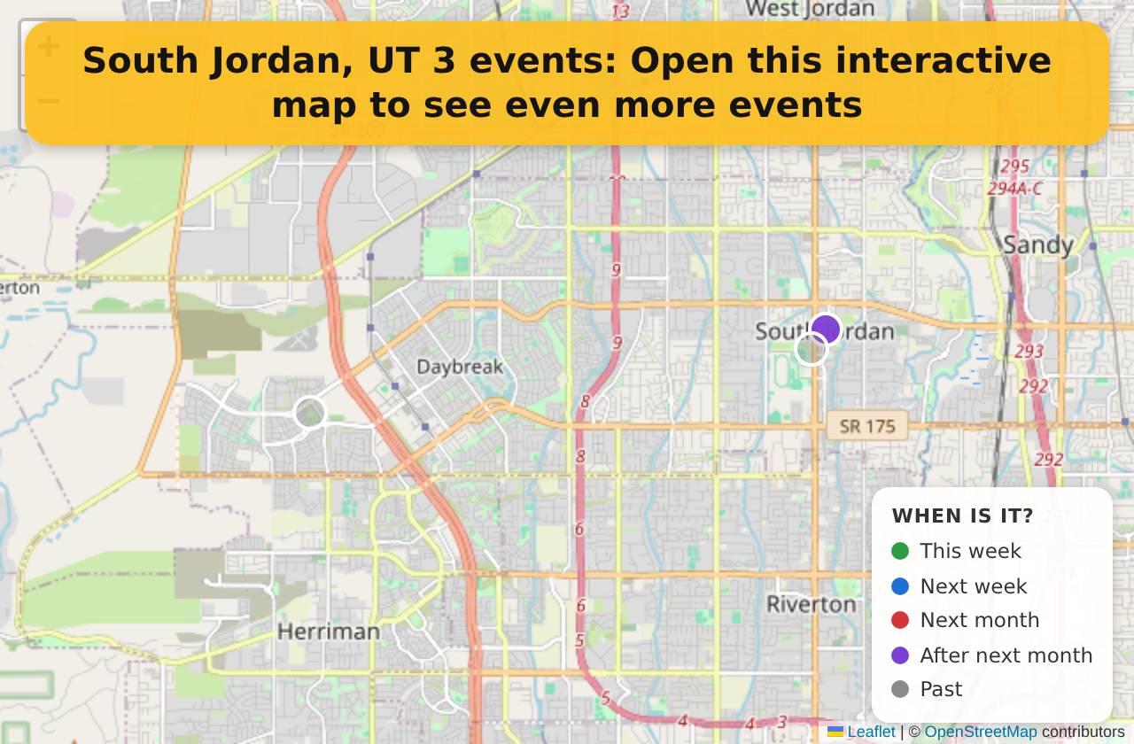 Map of events in South Jordan, UT on the interactive EVENTULIST map