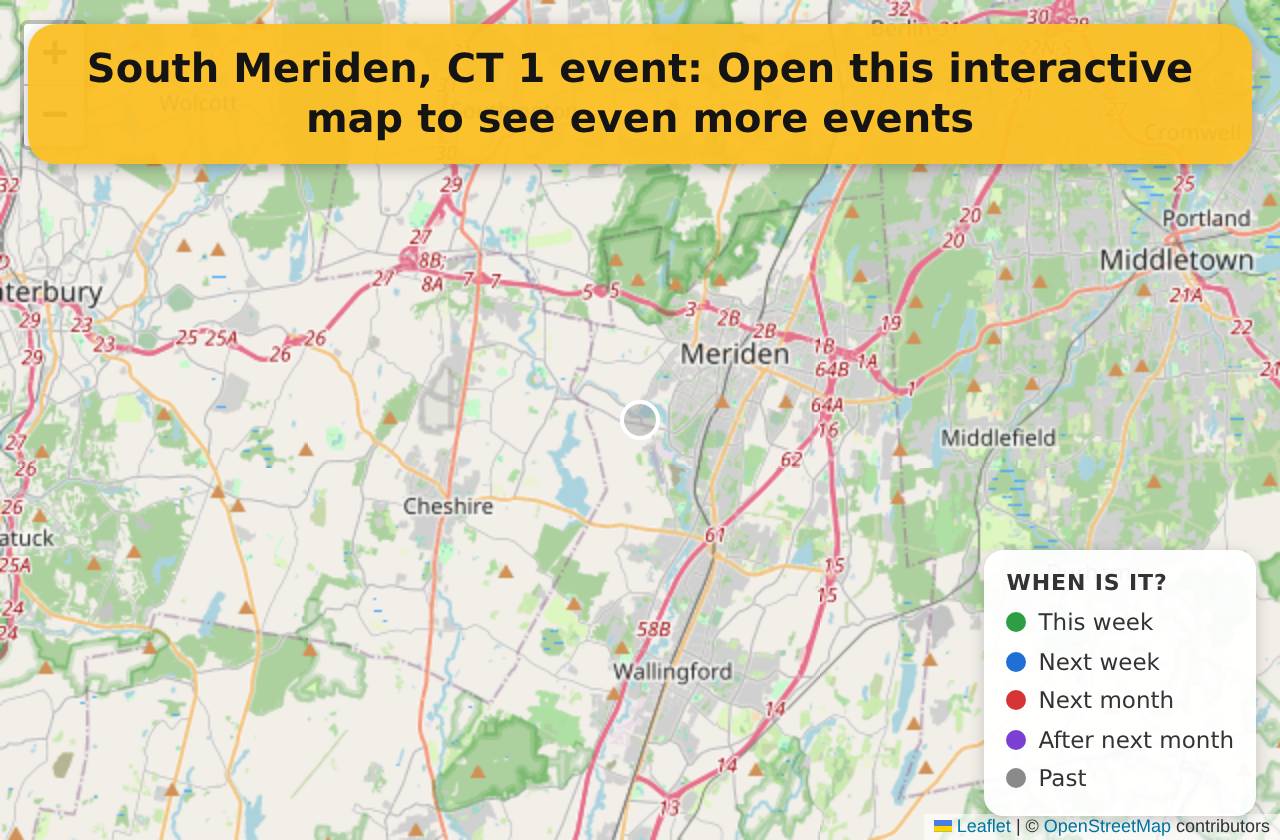 Map of events in South Meriden, CT on the interactive EVENTULIST map