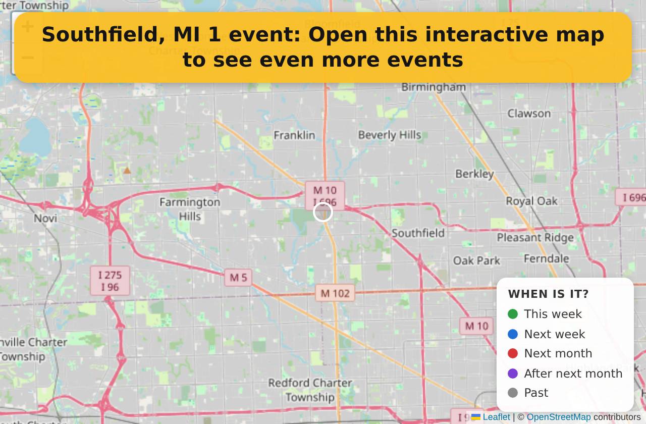 Map of events in Southfield, MI on the interactive EVENTULIST map
