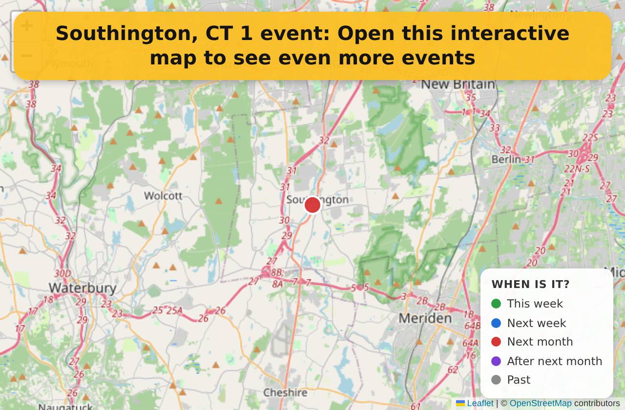 Map of events in Southington, CT on the interactive EVENTULIST map