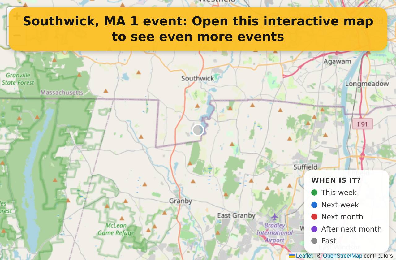 Map of events in Southwick, MA on the interactive EVENTULIST map
