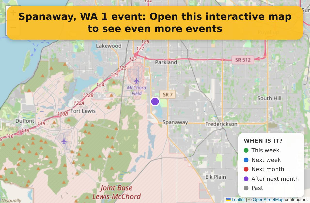 Map of events in Spanaway, WA on the interactive EVENTULIST map