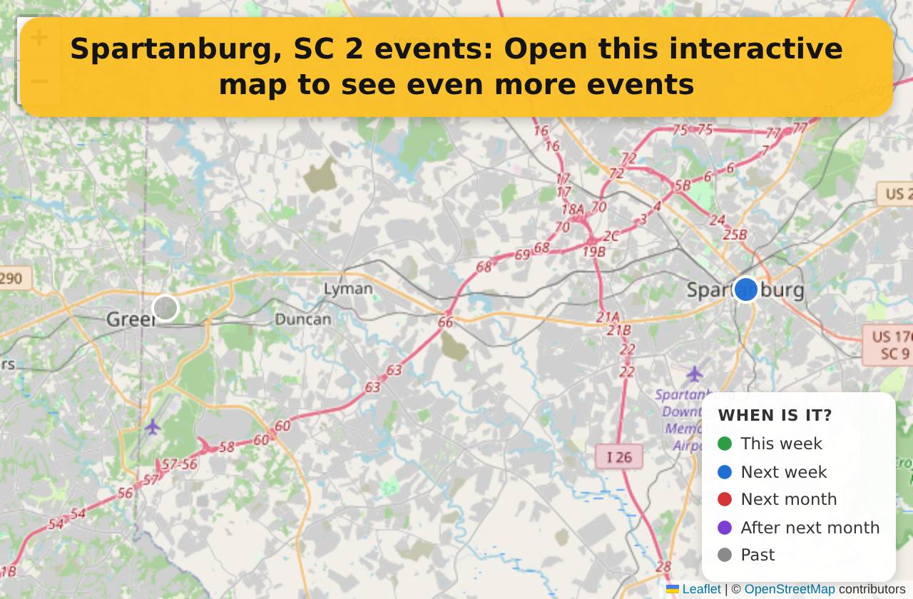 Map of events in Spartanburg, SC on the interactive EVENTULIST map