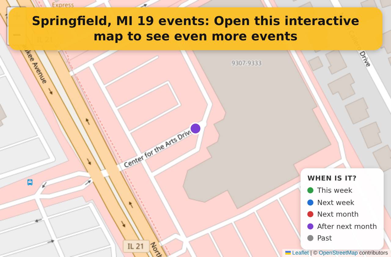 Map of events in Springfield, MI on the interactive EVENTULIST map
