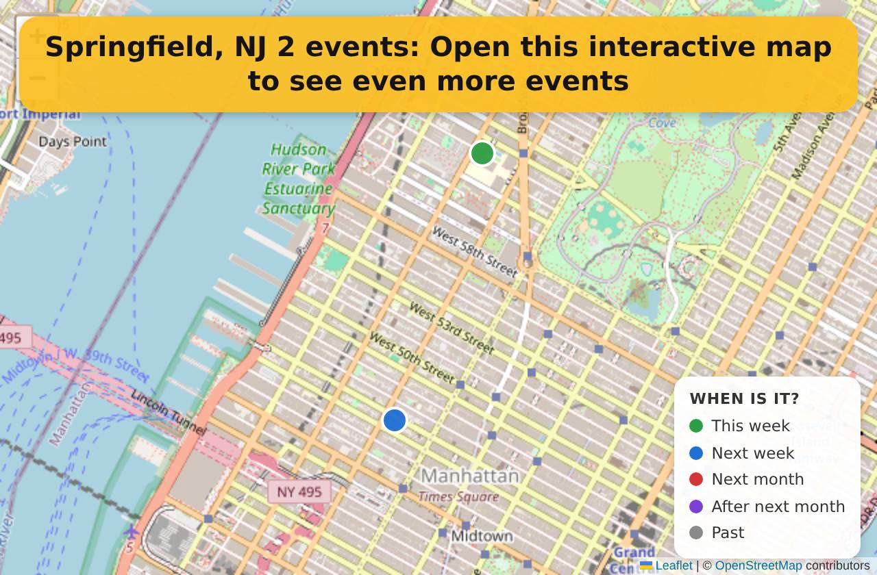 Map of events in Springfield, NJ on the interactive EVENTULIST map
