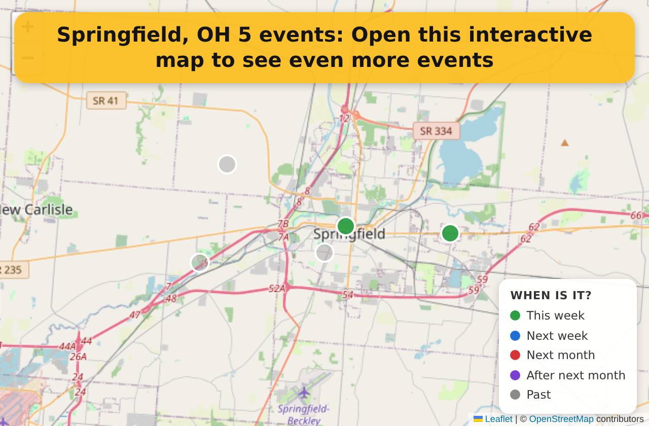 Map of events in Springfield, OH on the interactive EVENTULIST map