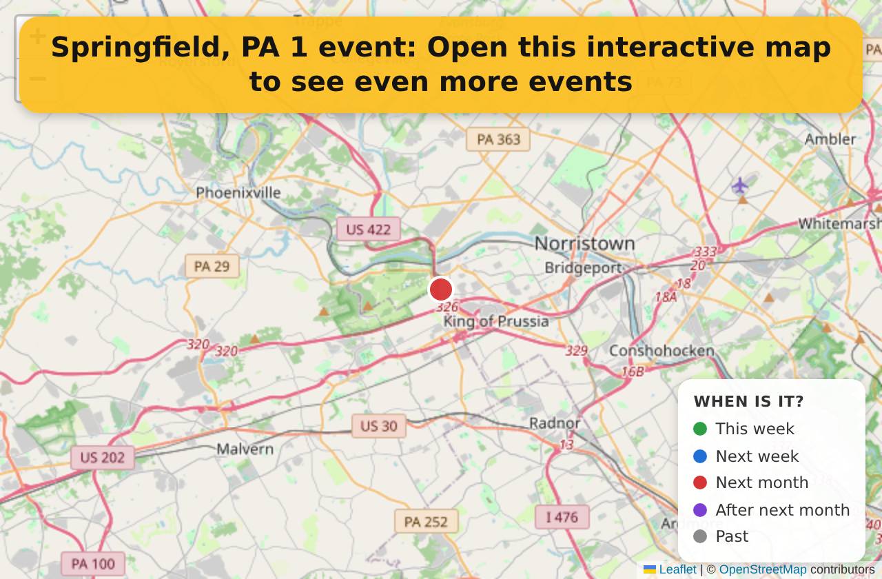 Map of events in Springfield, PA on the interactive EVENTULIST map
