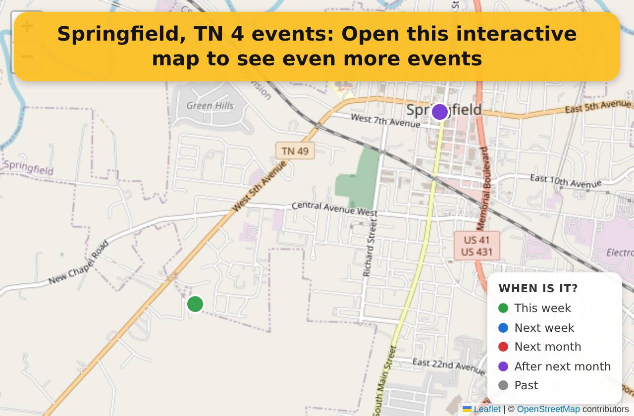 Map of events in Springfield, TN on the interactive EVENTULIST map