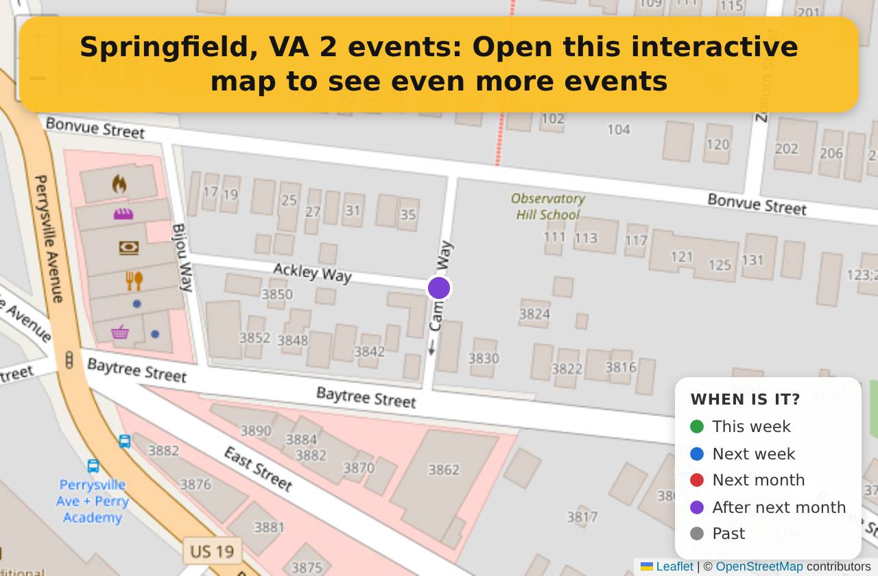 Map of events in Springfield, VA on the interactive EVENTULIST map