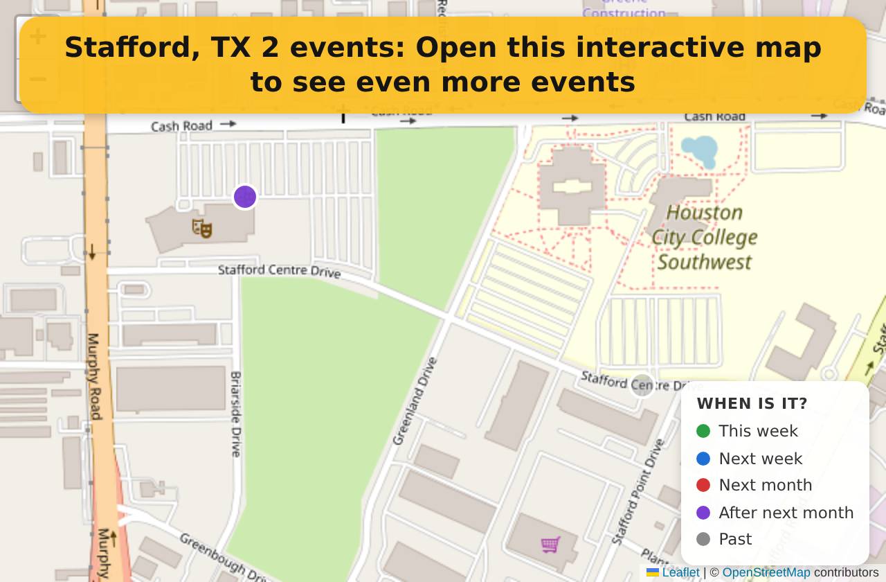 Map of events in Stafford, TX on the interactive EVENTULIST map