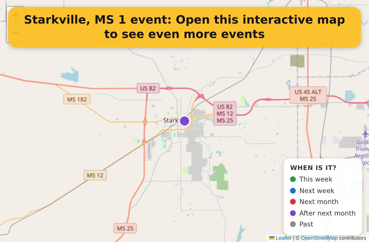 Map of events in Starkville, MS on the interactive EVENTULIST map