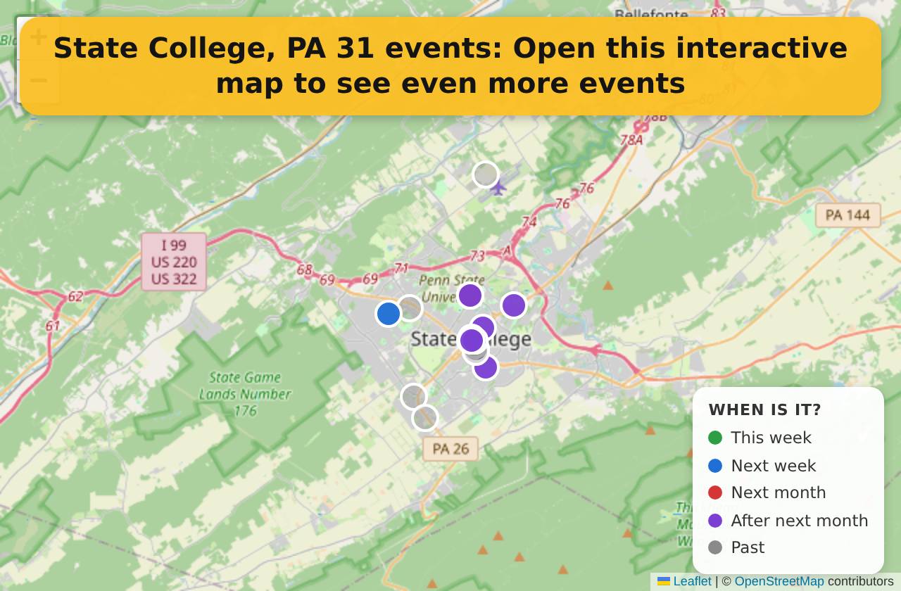 Map of events in State College, PA on the interactive EVENTULIST map