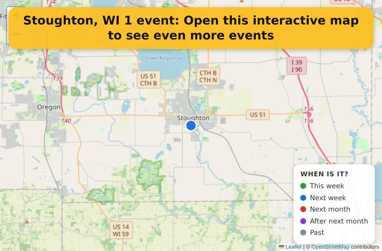 Map of events in Stoughton, WI on the interactive EVENTULIST map
