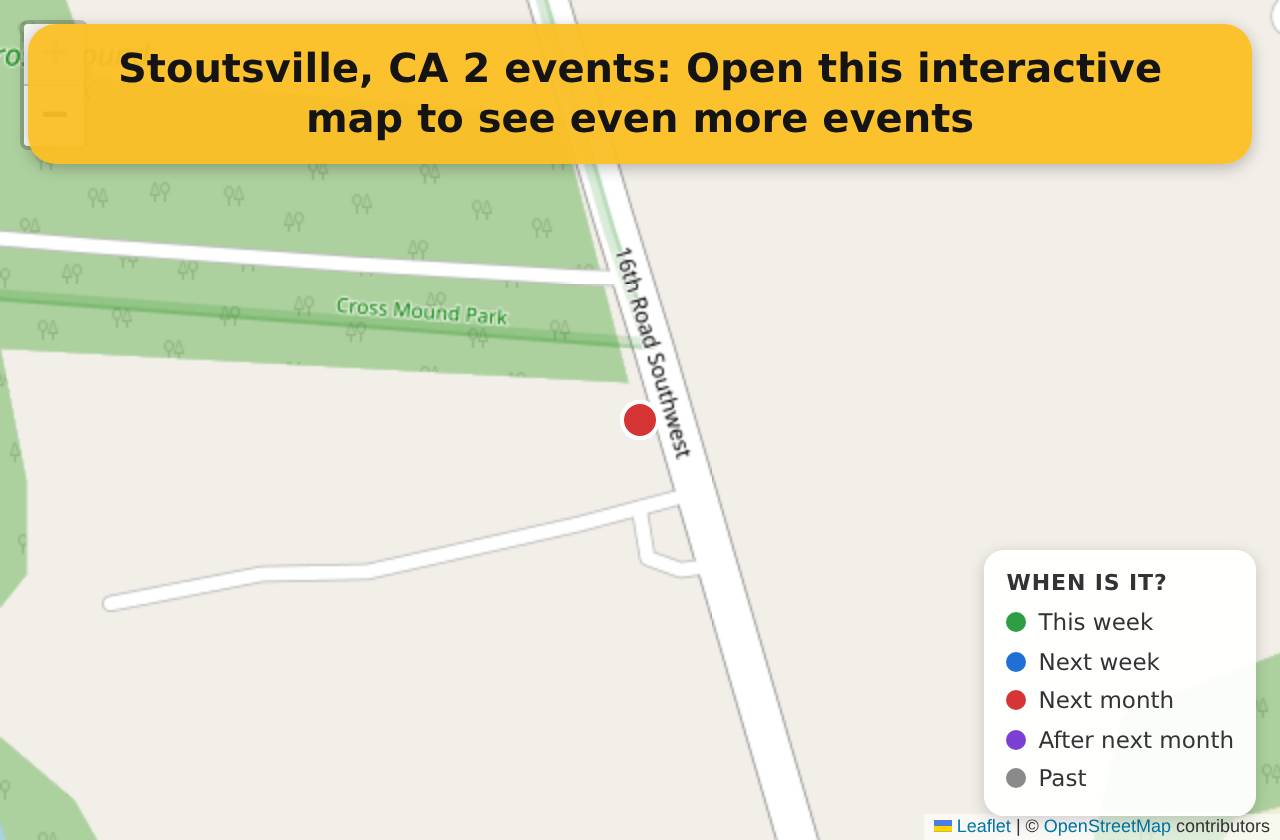 Map of events in Stoutsville, CA on the interactive EVENTULIST map