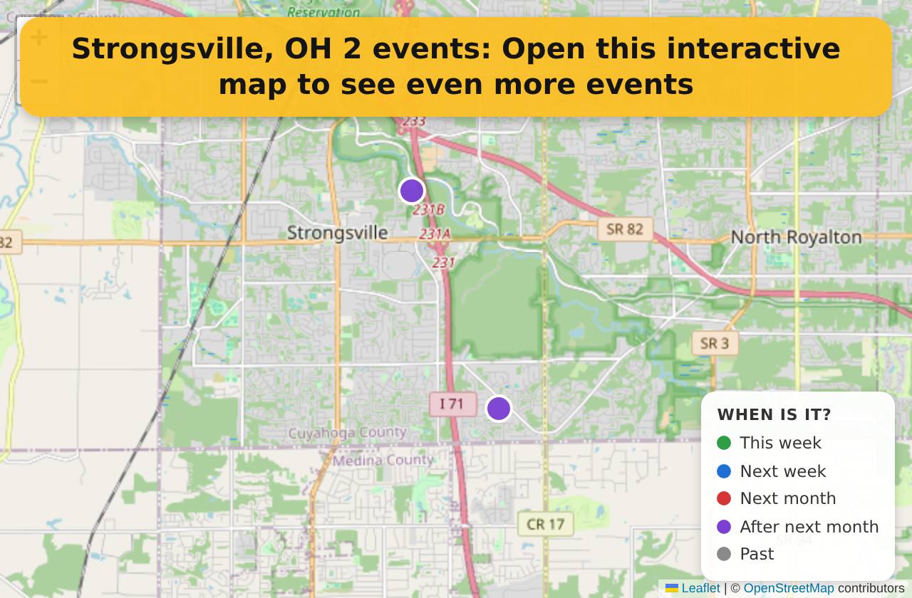 Map of events in Strongsville, OH on the interactive EVENTULIST map