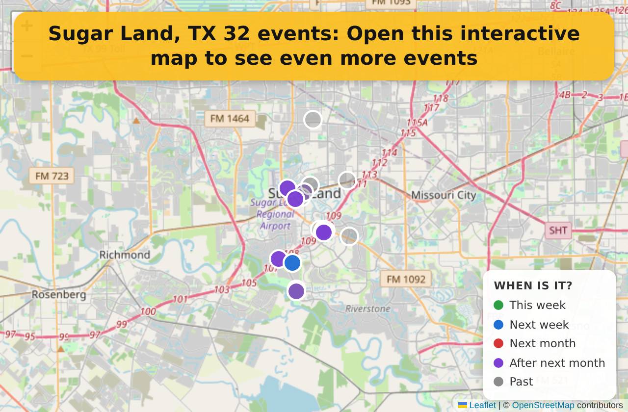 Map of events in Sugar Land, TX on the interactive EVENTULIST map