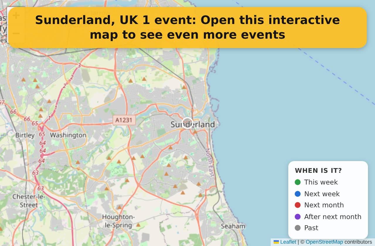 Map of events in Sunderland, UK on the interactive EVENTULIST map