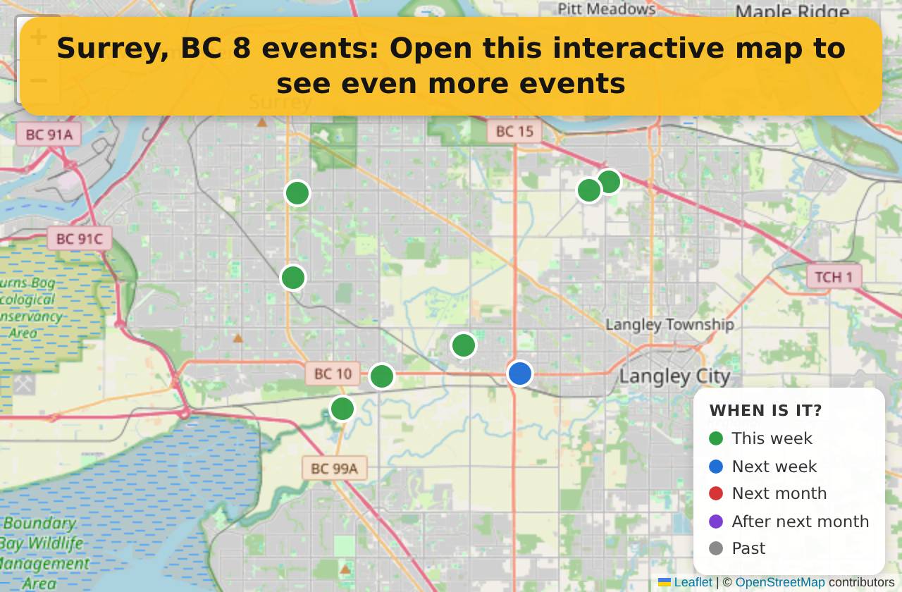 Map of events in Surrey, BC on the interactive EVENTULIST map