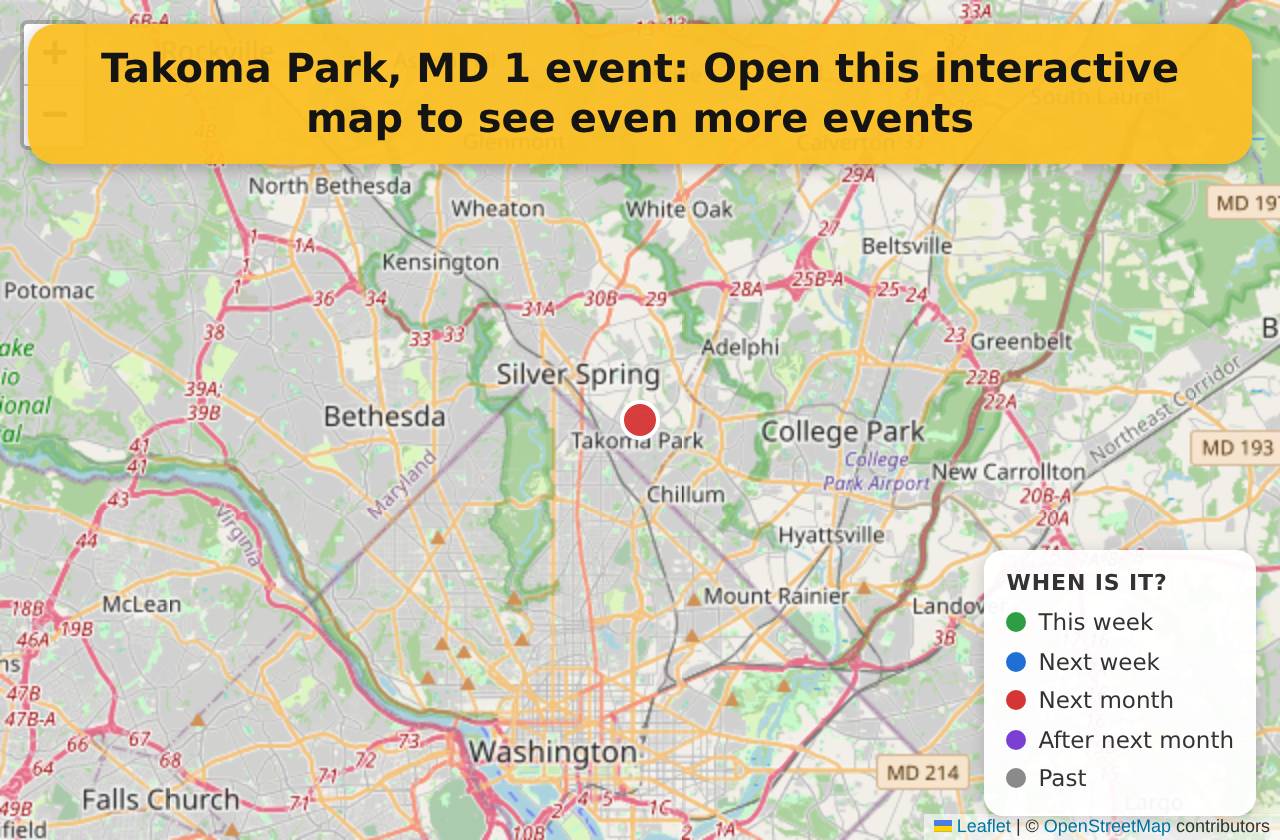 Map of events in Takoma Park, MD on the interactive EVENTULIST map