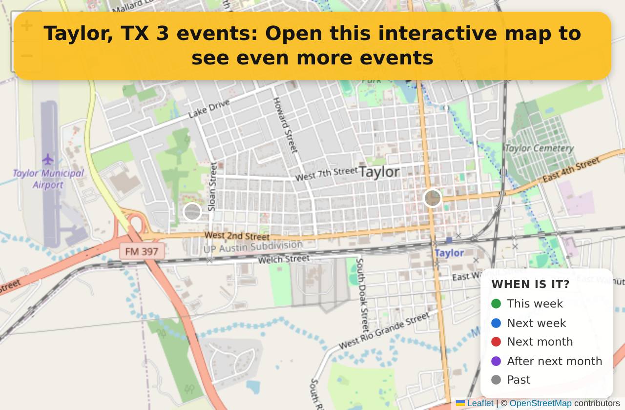 Map of events in Taylor, TX on the interactive EVENTULIST map