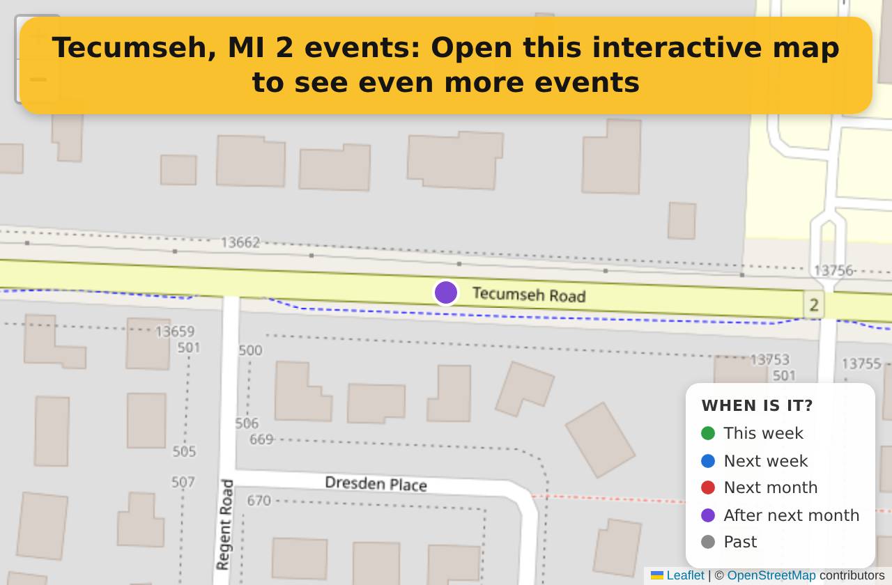 Map of events in Tecumseh, MI on the interactive EVENTULIST map