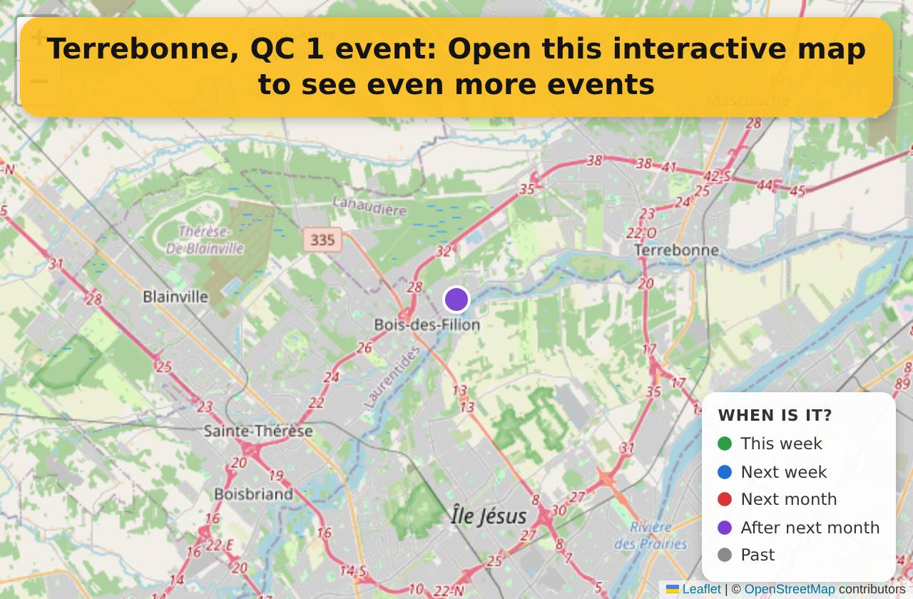 Map of events in Terrebonne, QC on the interactive EVENTULIST map
