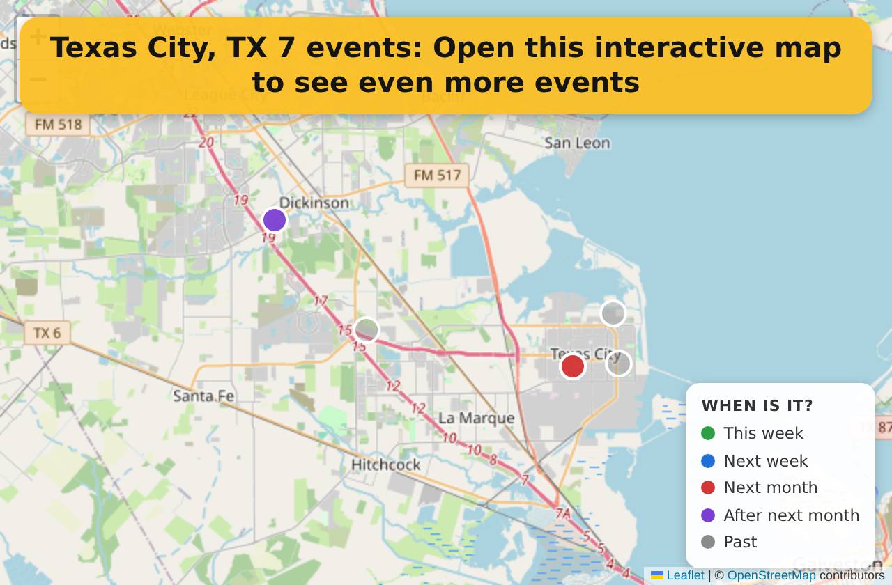 Map of events in Texas City, TX on the interactive EVENTULIST map
